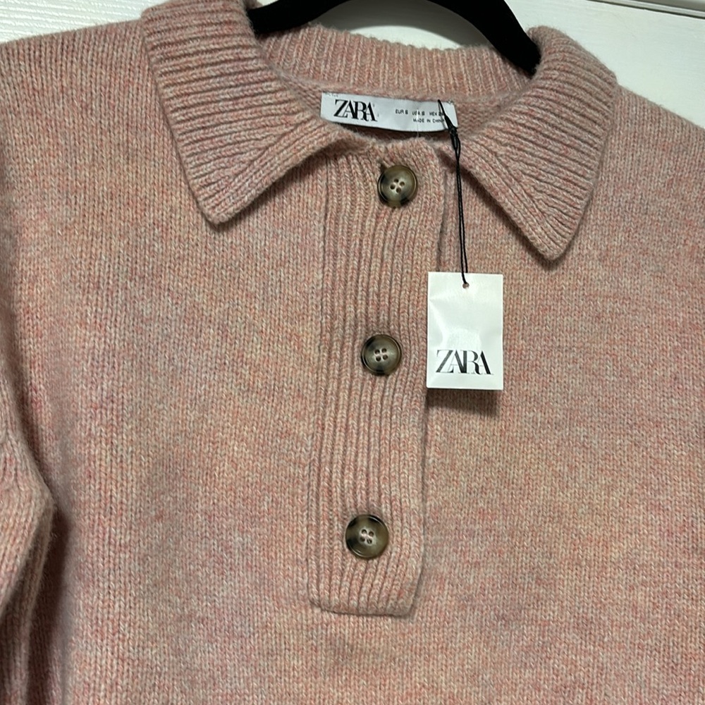 Zara Soft Pink Knit Polo Sweater with Buttons - Picture 7 of 8